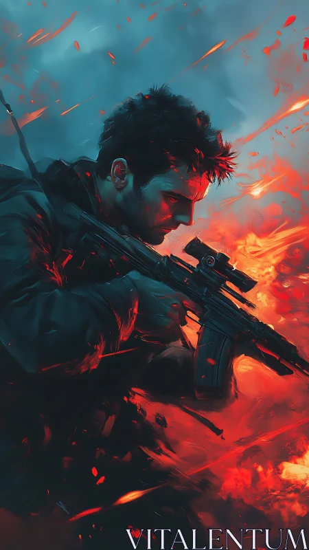 Dynamic soldier portrait with rifle rendered in high-contrast flames