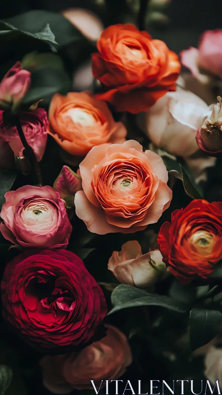 Vibrant Rose Cluster with Coral and Crimson Blooms.