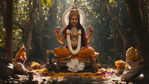Serene forest goddess altar under dappled golden light.