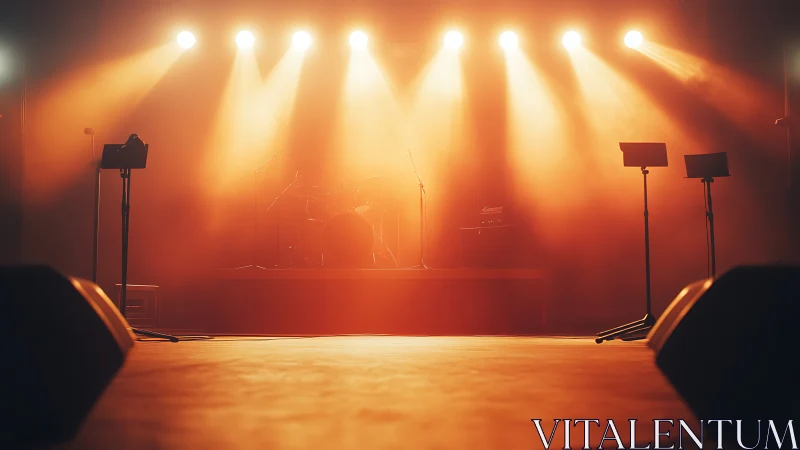 Golden stage lights glow softly around a waiting band setup
