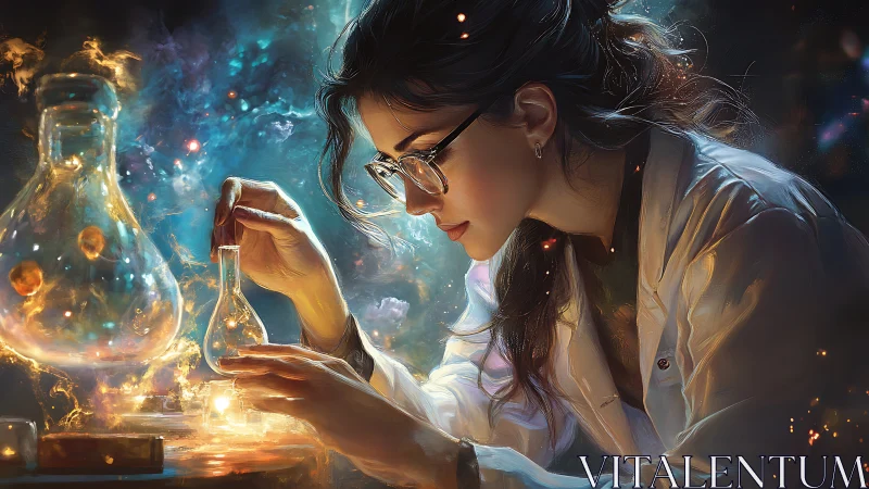 Young scientist studies glowing elixir in cosmic laboratory