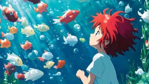 Red haired child observing colorful fish underwater scene.