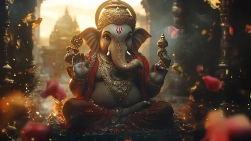 Golden Ganesha in rose-laced temple haze of blessings.