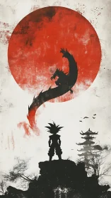 Scarlet moon curls into a dragon above lone warrior