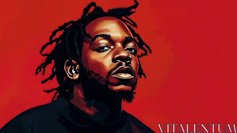 Bold digital portrait against intense red backdrop.