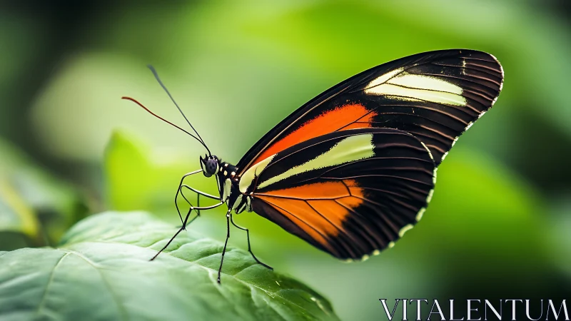 Macro profile of Heliconius butterfly on glossy leaf