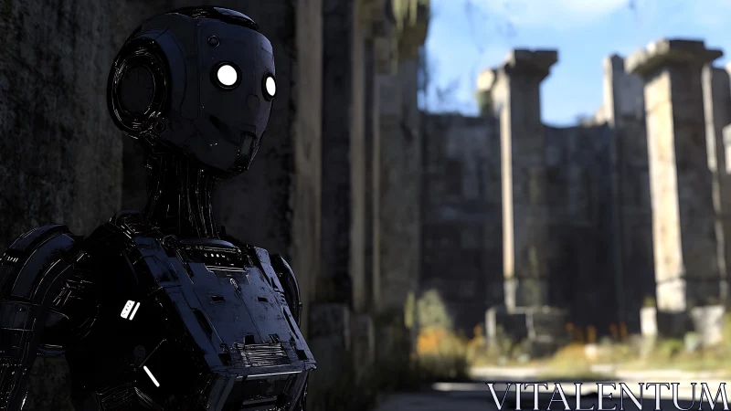 Chrome-eyed wanderer in sunburnt stone ruins, quietly listening.