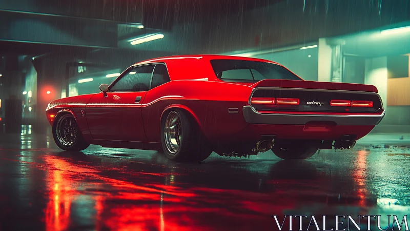 Neon drenched muscle car under cinematic urban rainfall.