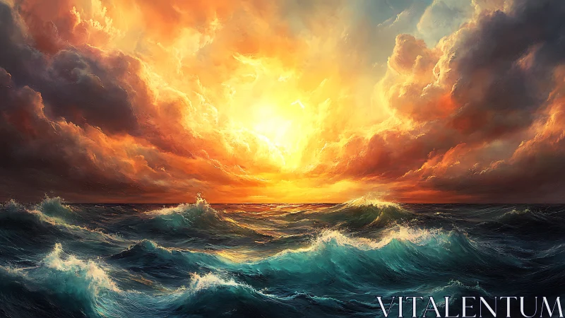 Dramatic ocean waves under illuminated sunset clouds.