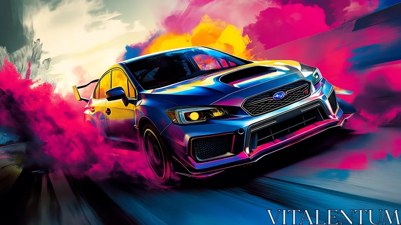 Racing blue sports sedan drifts through neon color smoke