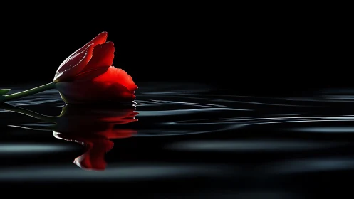 Red tulip on reflective water with high-contrast low key lighting