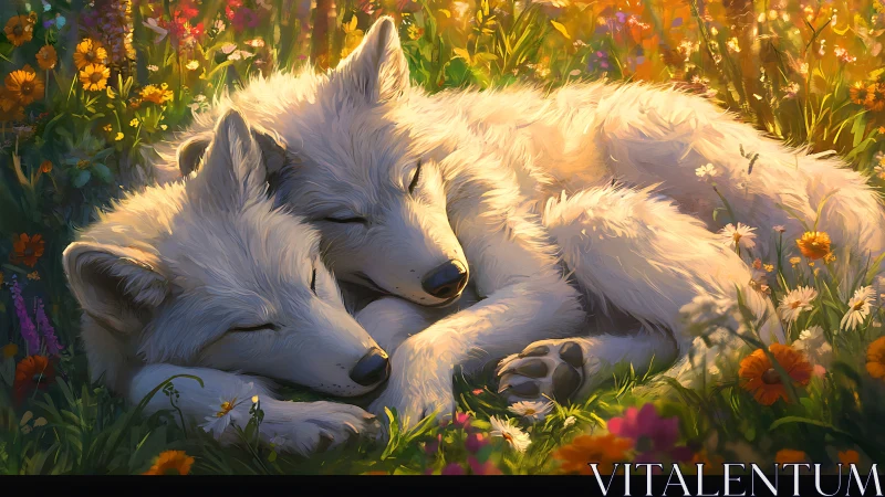 White wolves resting together in a sunlit wildflower meadow.