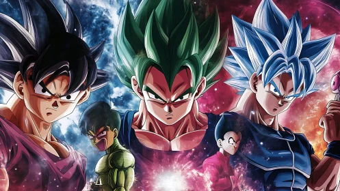 High-energy anime warriors in triadic cosmic composition.