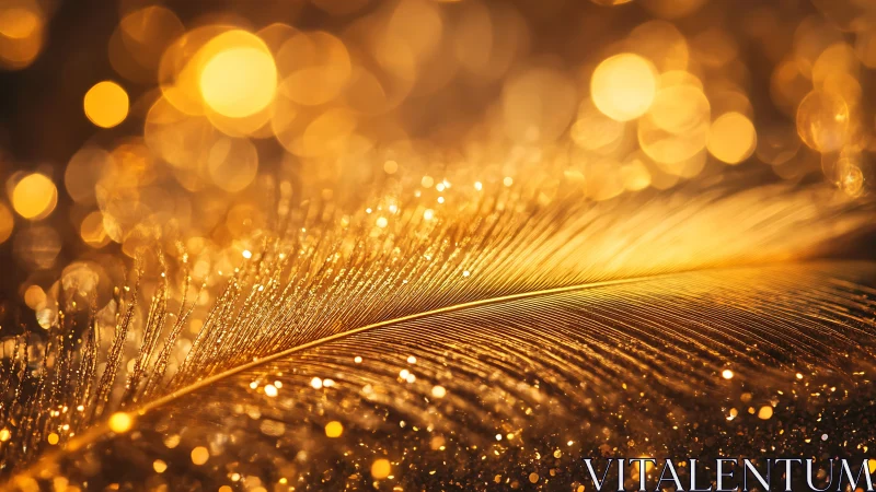 Macro golden feather with luminous bokeh highlight structure.