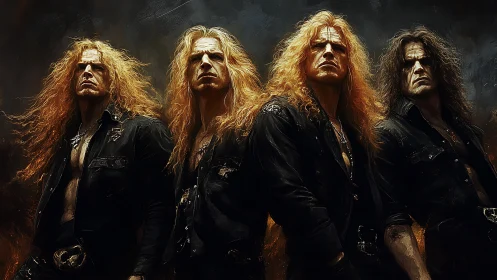 Storm-lit metal quartet in black leather amidst embers.