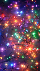 Tangled multicolor LED string lights with shallow bokeh depth
