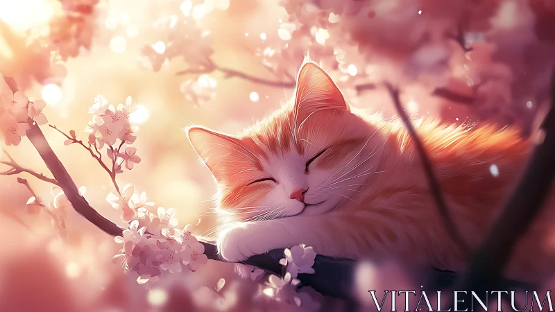 Serene Cat Resting Among Cherry Blossoms in Golden Sunlight