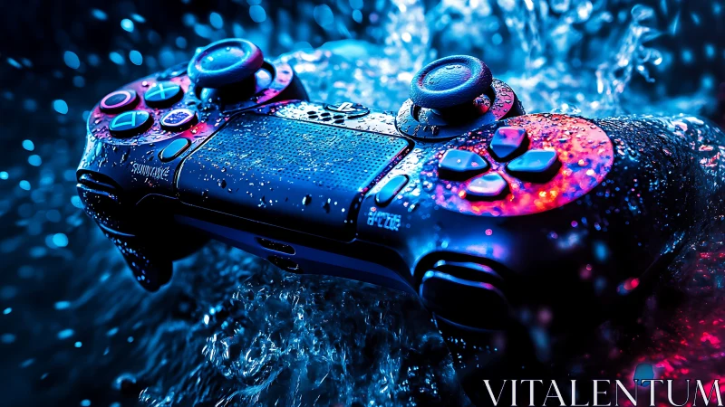 Game controller in vivid blue and red lighting with water.