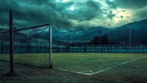 Deserted football pitch under storm-laden sky with moody teal grading
