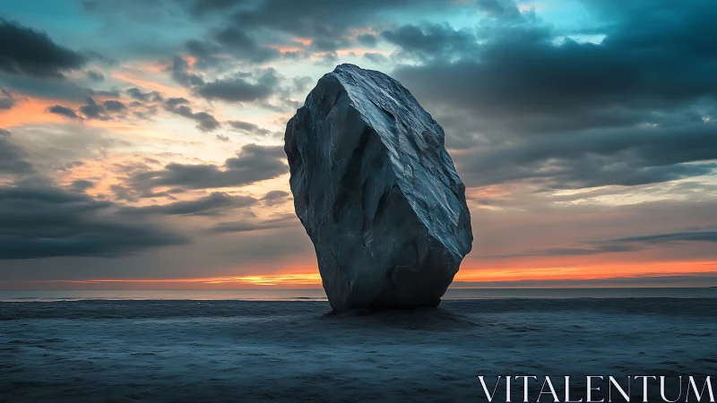 Photorealistic coastal monolith at dusk with dramatic sky framing.