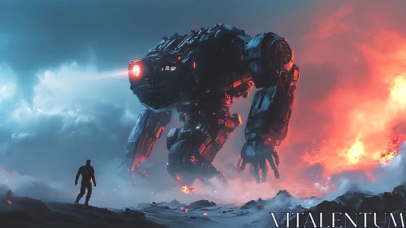 Colossal battle mech advances toward lone soldier in firestorm.