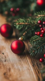 Red matte baubles with evergreen branches on rustic wood.