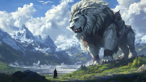 Giant armored white lion towers over lone traveler in valley