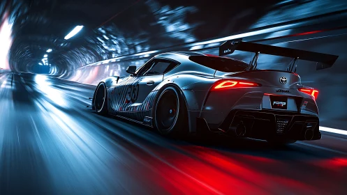Racing Toyota coupe powers through neon tunnel at speed.