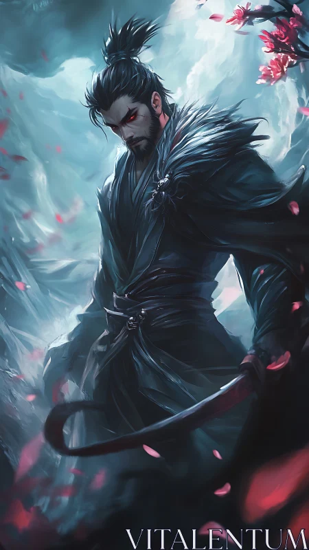 Storm-lit dark samurai stands amid swirling petals and mist
