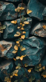 Golden vine climbing across teal stacked stone wall.