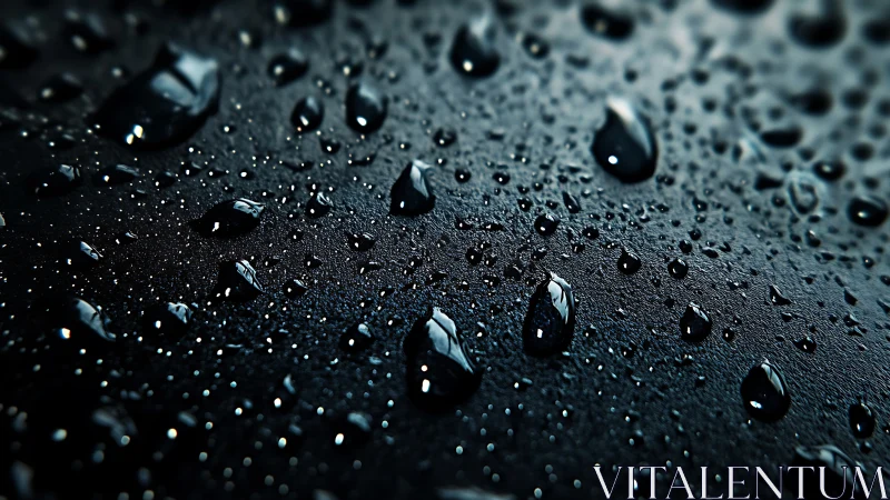 Water droplets rest on dark textured surface in macro view