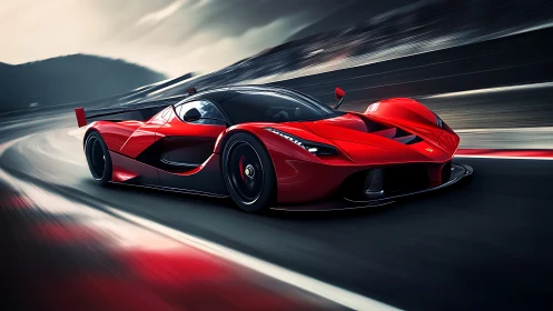 Crimson hypercar carving a high-speed curve at dusk.