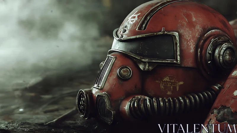 Red armored helmet rests on wet ground in diffuse fog