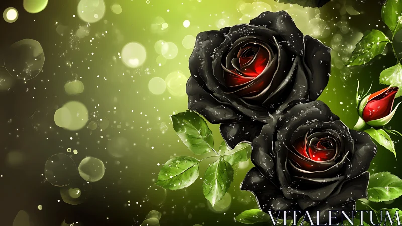 Black Roses with Red Hearts in Luminous Green Bokeh