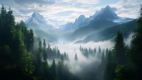 Alpine valley with snow-capped peaks surrounded by coniferous forest
