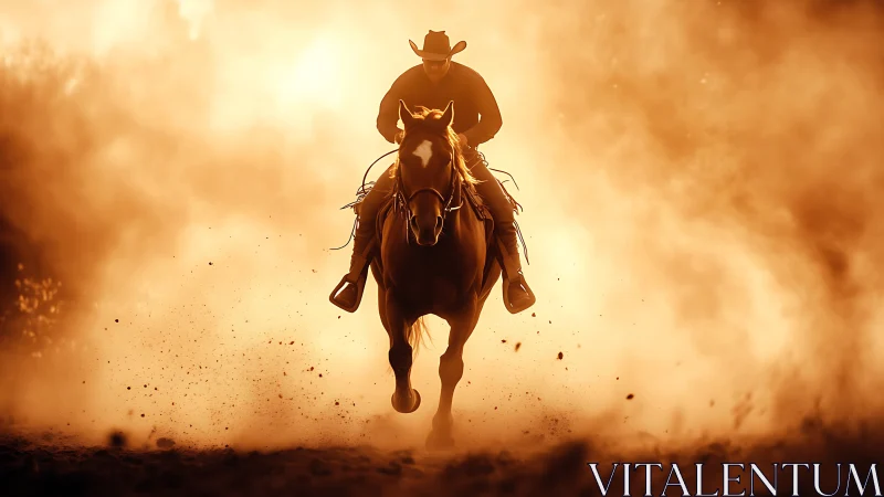 Cowboy rides boldly through golden dust and glowing light