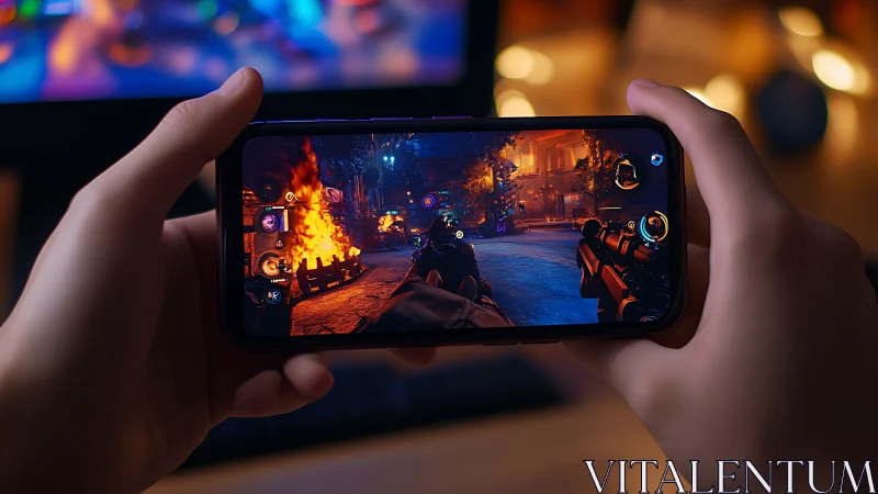 Mobile Gaming Interface: First-Person Action Gameplay Display.