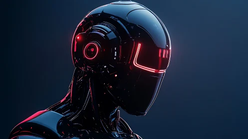Futuristic black android portrait with red neon interface.