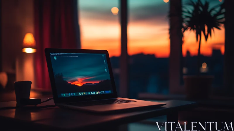 Laptop glows against vibrant apartment sunset skyline.