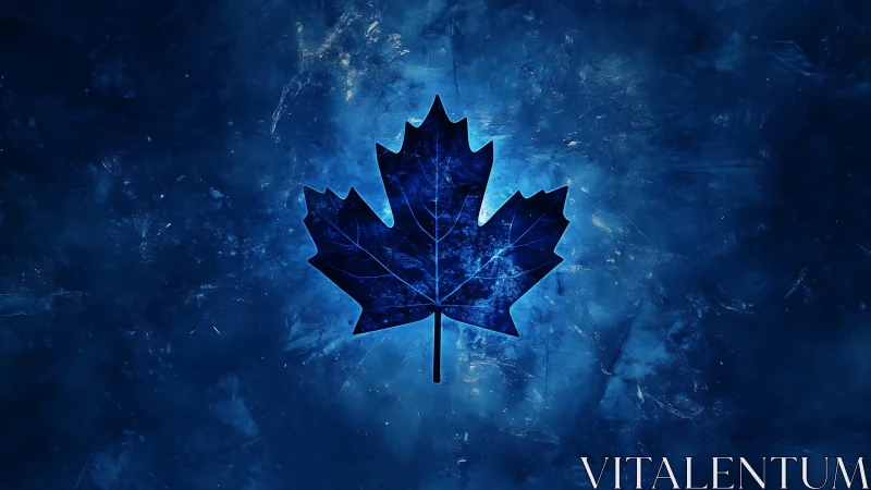 Luminous blue maple leaf glowing in a storm of cosmic mist.