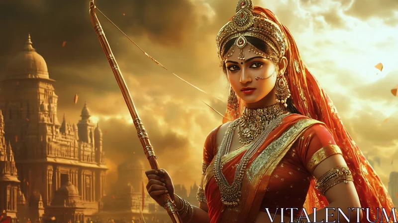 Warrior queen in ornate sari before ancient temple battlements.