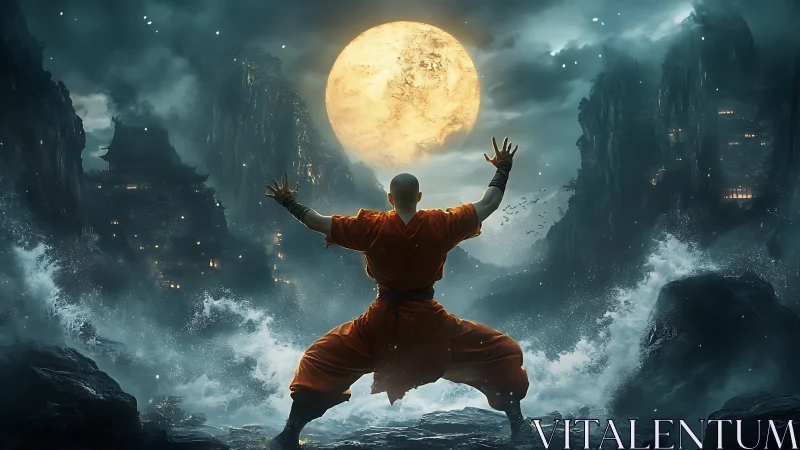 Monk in orange robe stands before full moon amid storm waves