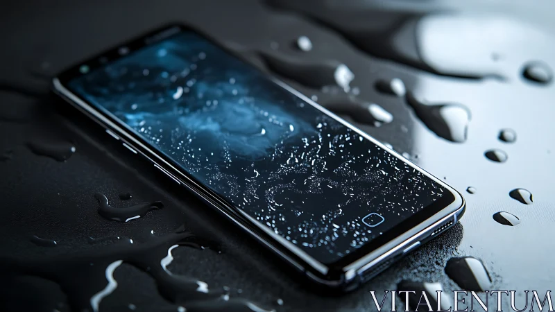 Water-resistant smartphone on wet surface with droplets detail