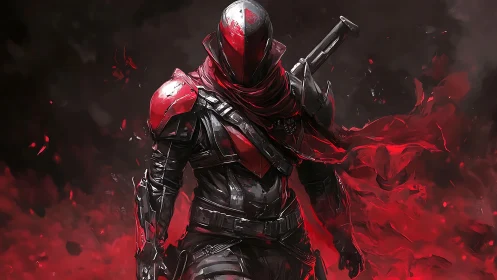 Scarlet armored assassin strides through burning crimson haze.