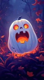 Glowing white jack o lantern burns bright in haunted forest