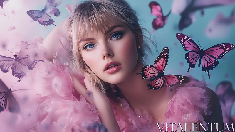 High-detail pastel portrait of blonde woman with pink butterflies