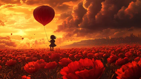 Girl with red balloon over blazing poppy field at dusk.