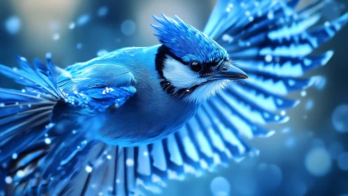 Vibrant Blue Jay in Flight with Artistic Blue Tones and Detail.