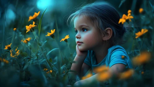 Child in Meadow with Yellow Flowers at Dusk