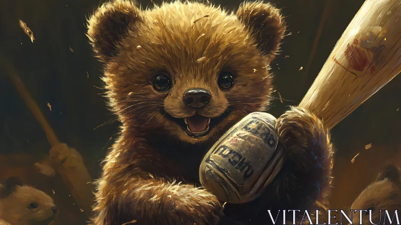 Digital rendering shows bear cub gripping wooden bat firmly